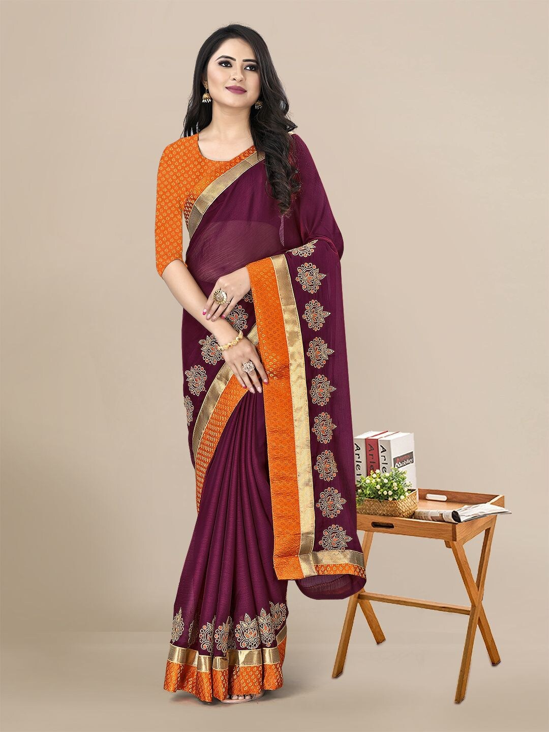 

KALINI Purple & Orange Embellished Embroidered Pure Chiffon Saree