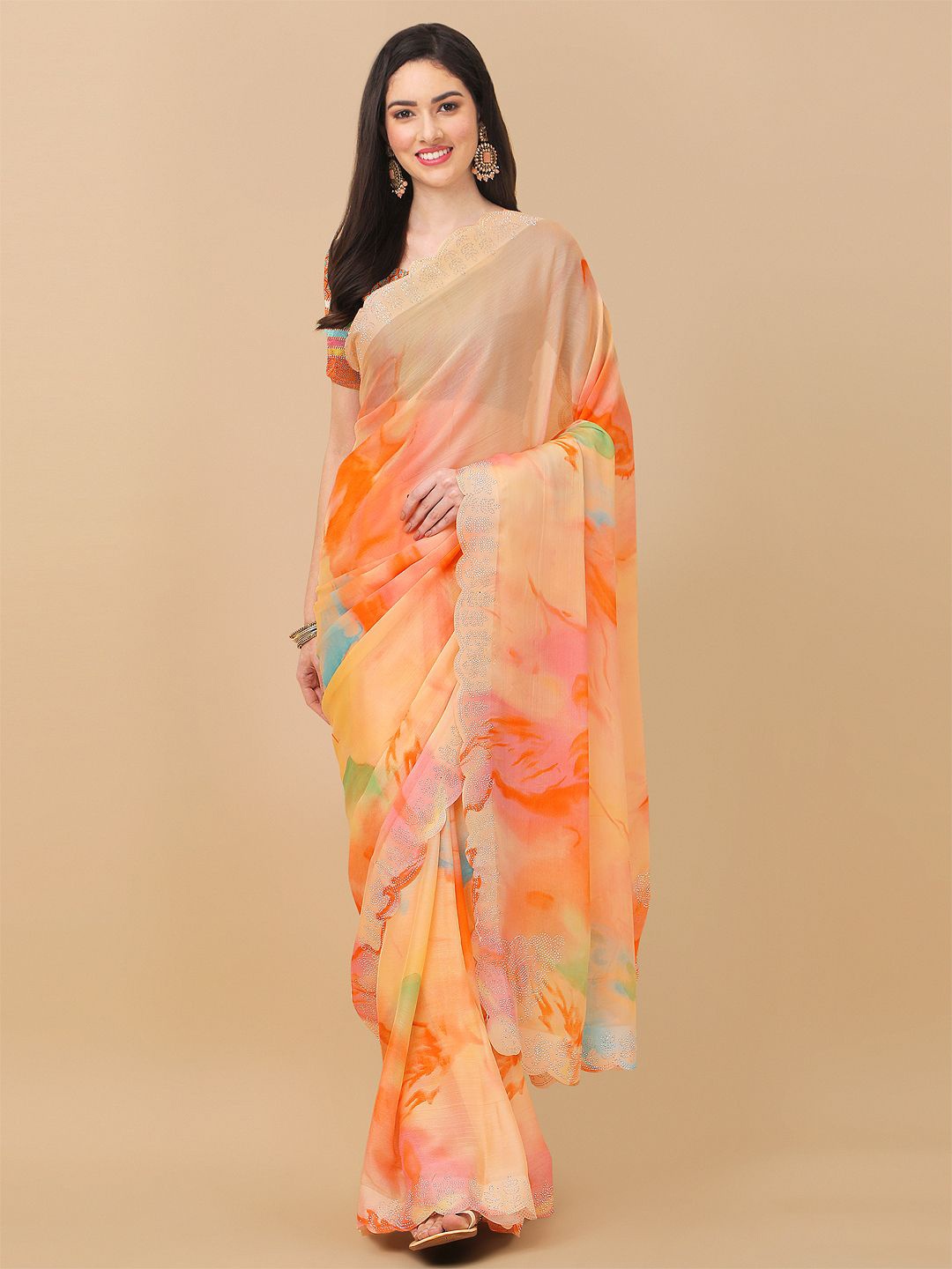 

Mitera Orange & Pink Floral Beads and Stones Saree