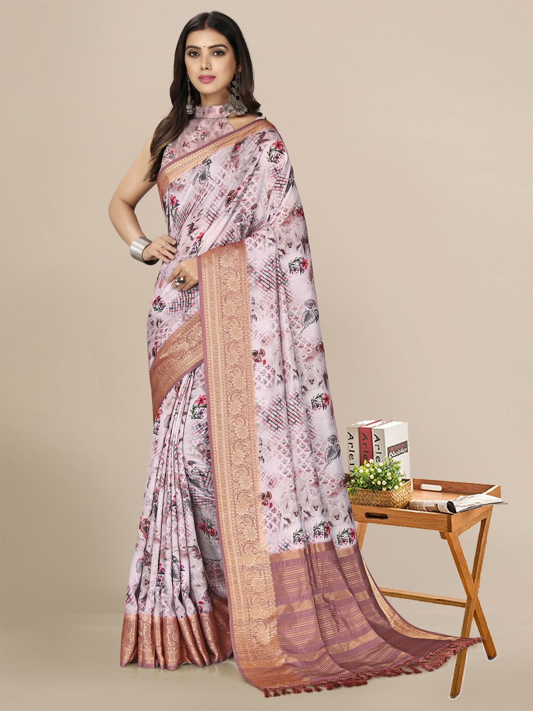 

Mitera Rose & Gold-Toned Woven Design Zari Silk Blend Banarasi Saree