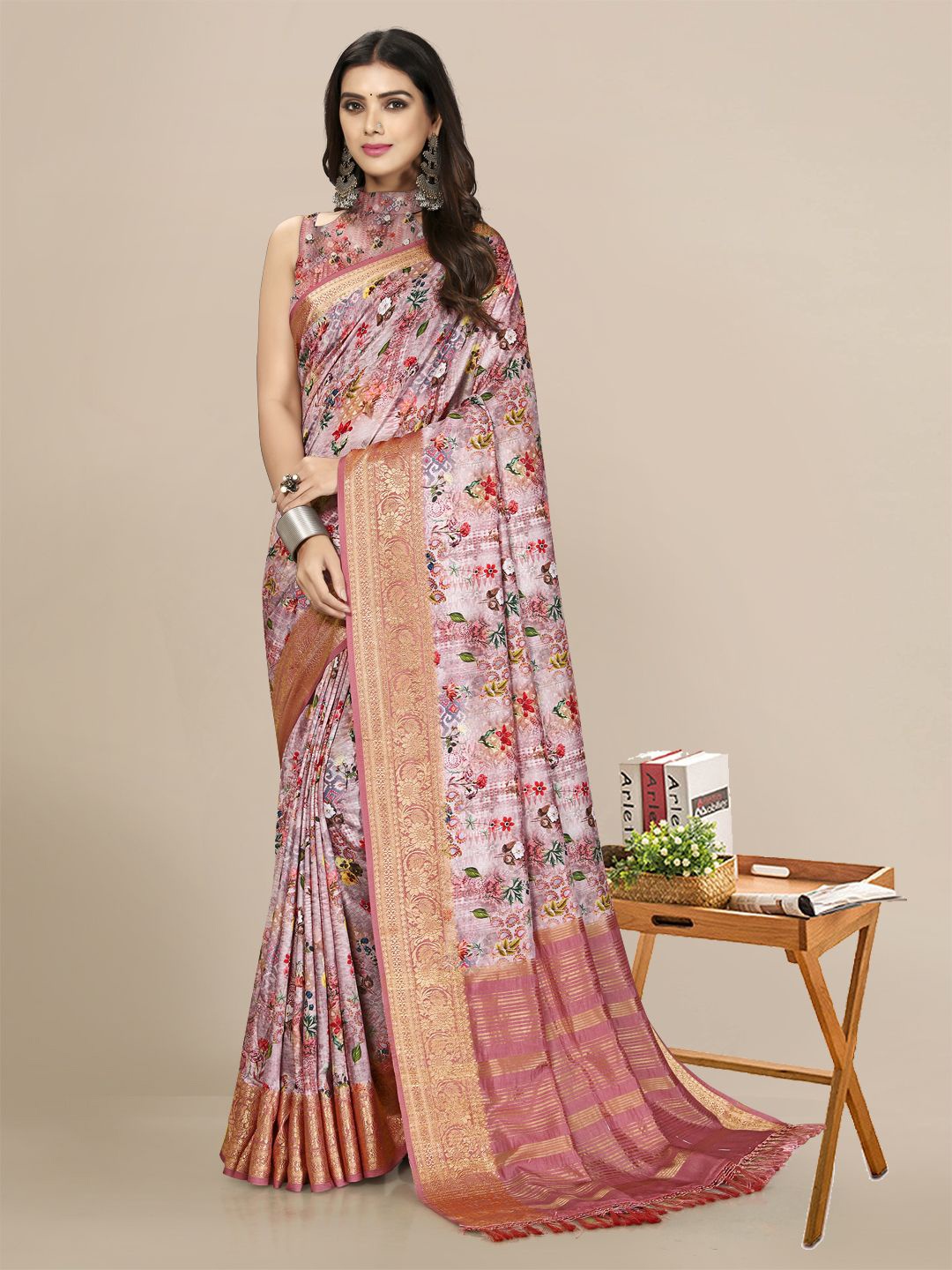 

Mitera White & Rose Gold Woven Design Zari Silk Blend Banarasi Saree