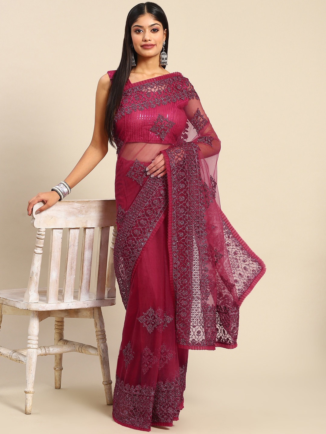 

all about you Magenta Floral Beads and Stones Net Mangalagiri Saree