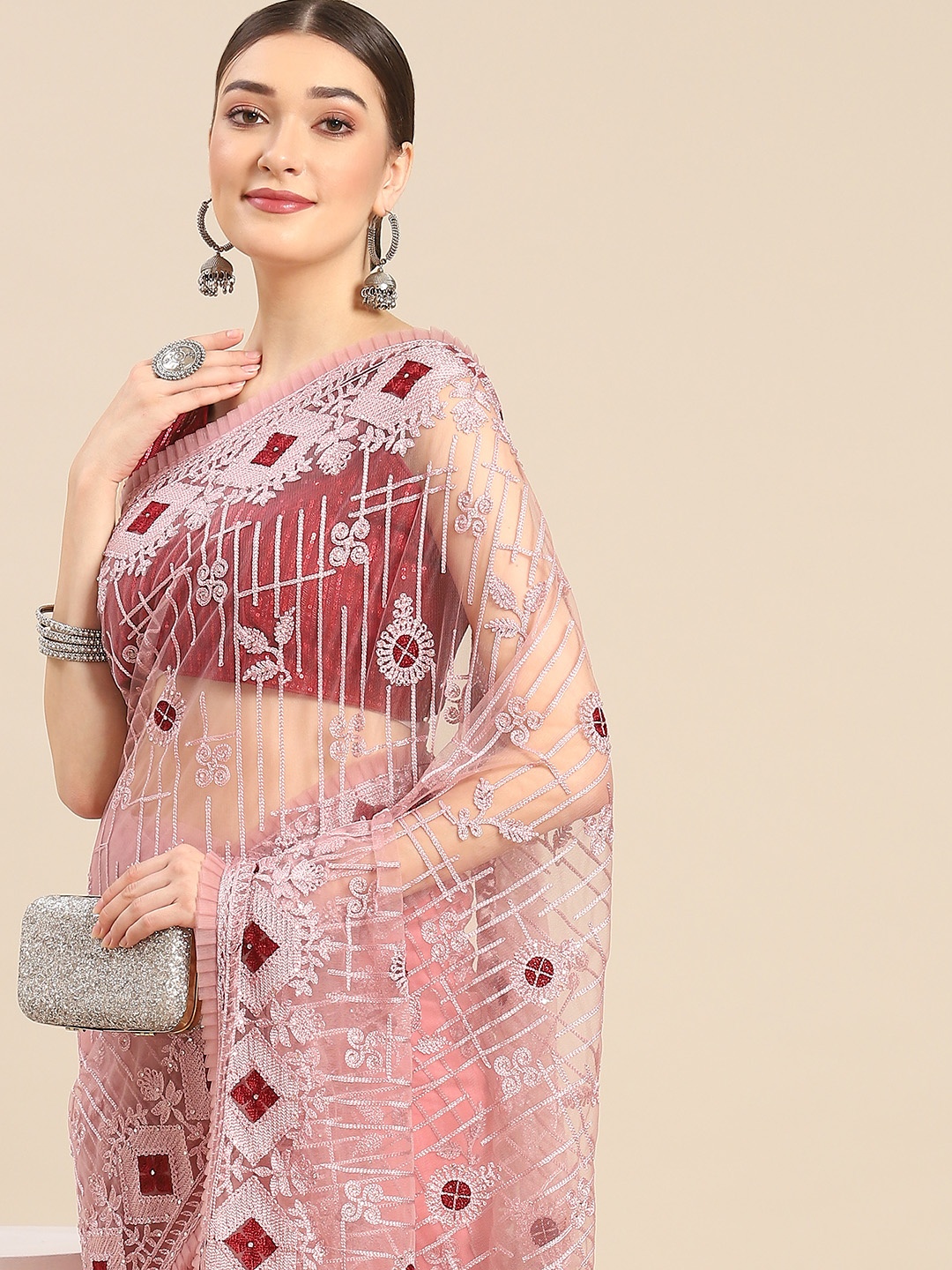 

all about you Purple & Pink Ethnic Motifs Embroidered Net Mangalagiri Saree