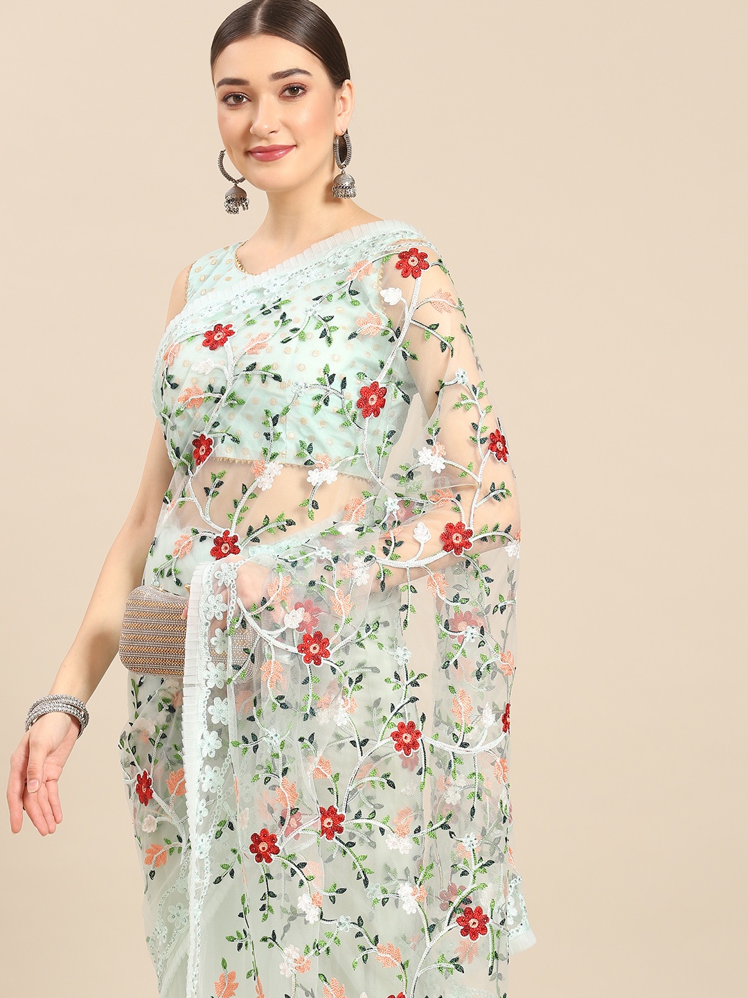 

all about you Green & Lime Green Floral Beads and Stones Net Mangalagiri Saree