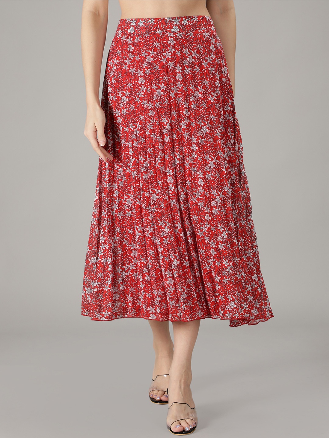 

NUEVOSDAMAS Women Red & White Floral Printed A-Line Knee-Length Skirts