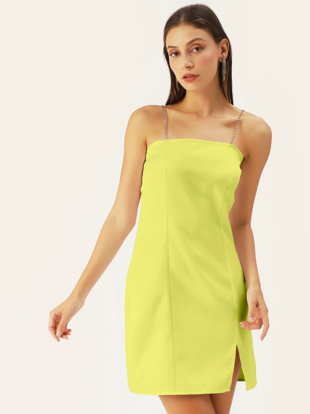 

DressBerry Woman Chain Strap Satin Sheath Dress, Yellow