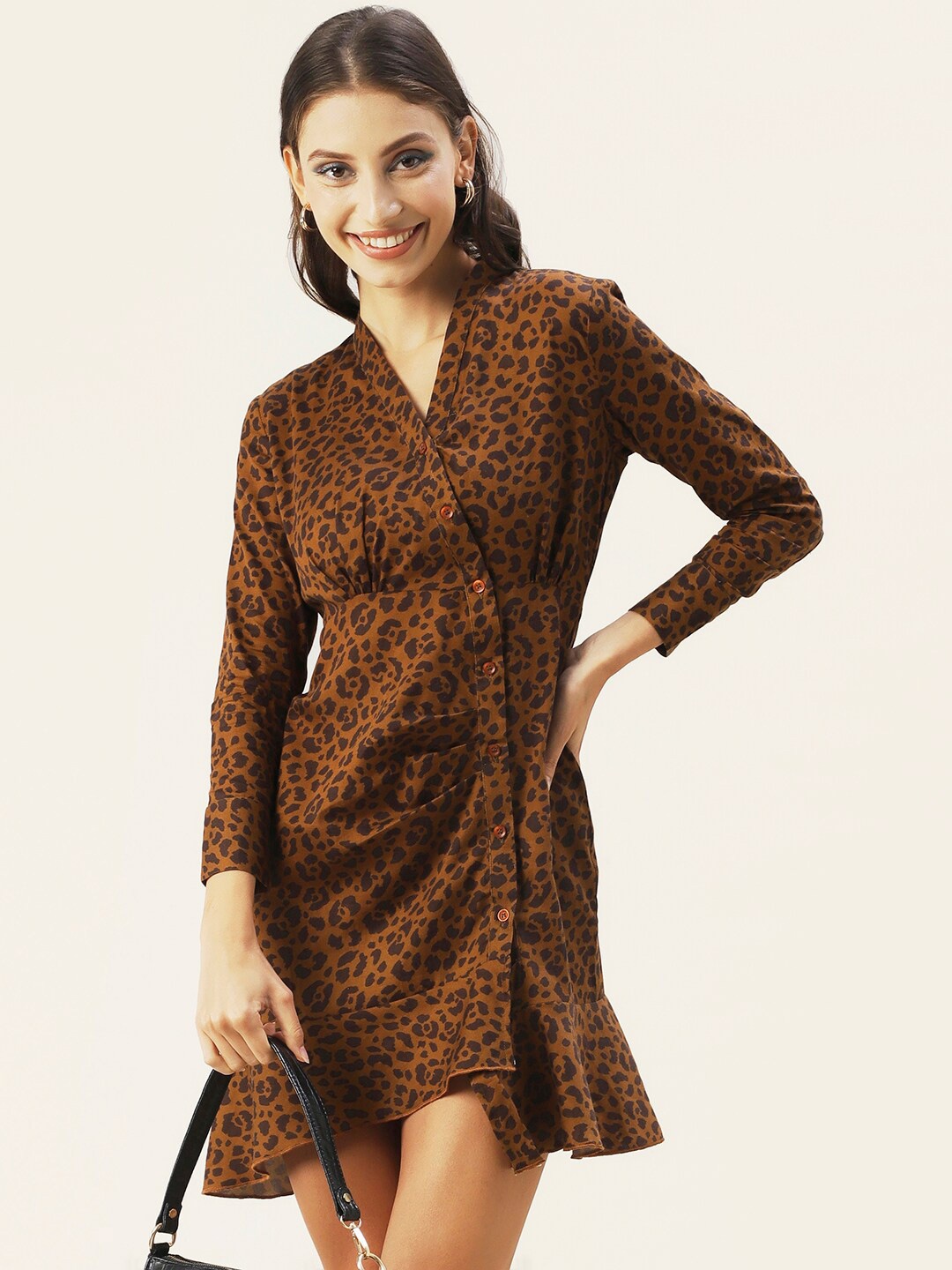 

DressBerry Woman Animal Print Satin Dress, Brown