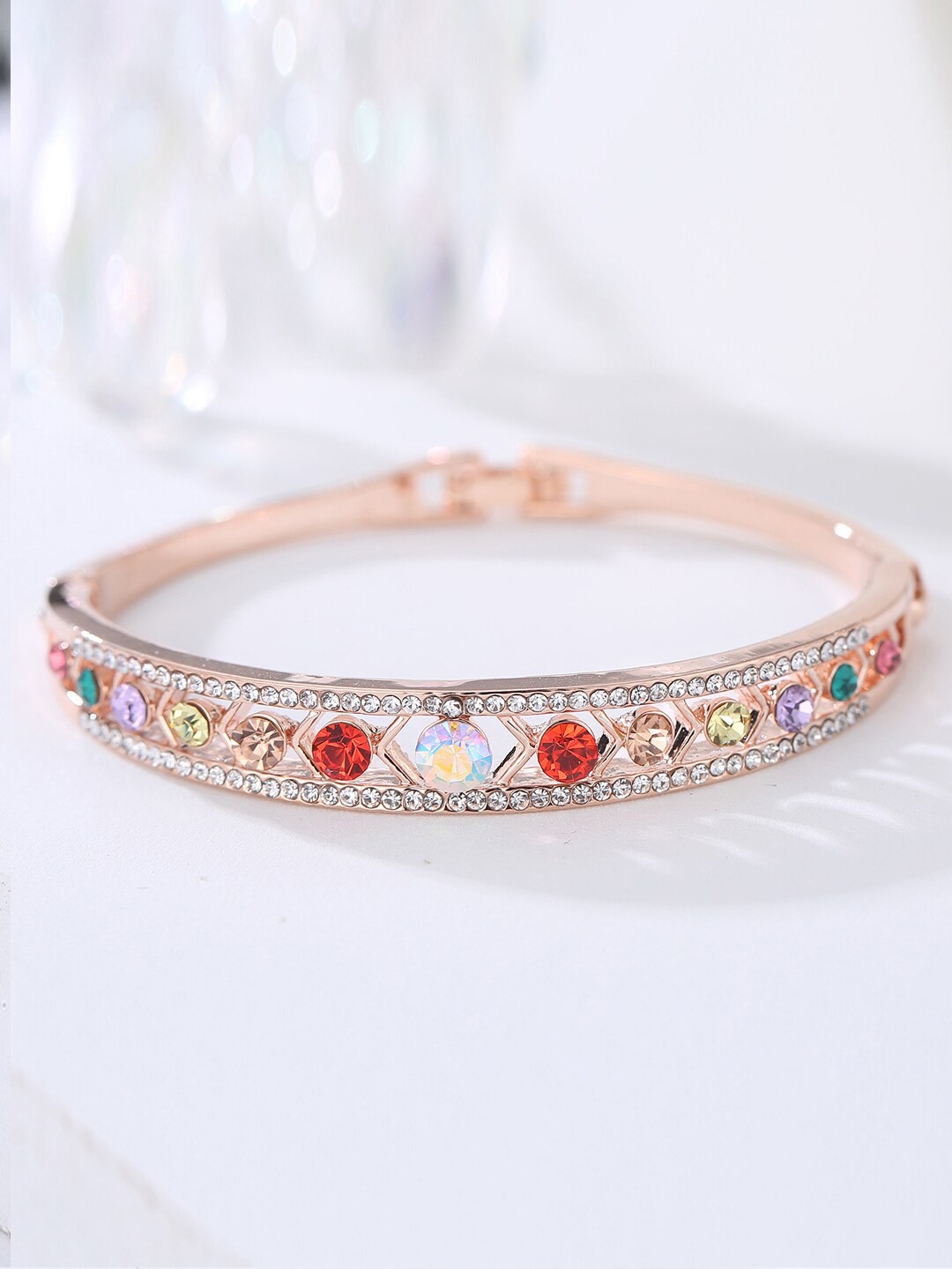 

Designs By Jewels Galaxy Women Rose Gold & Red Brass American Diamond Rose Gold-Plated Bangle-Style Bracelet