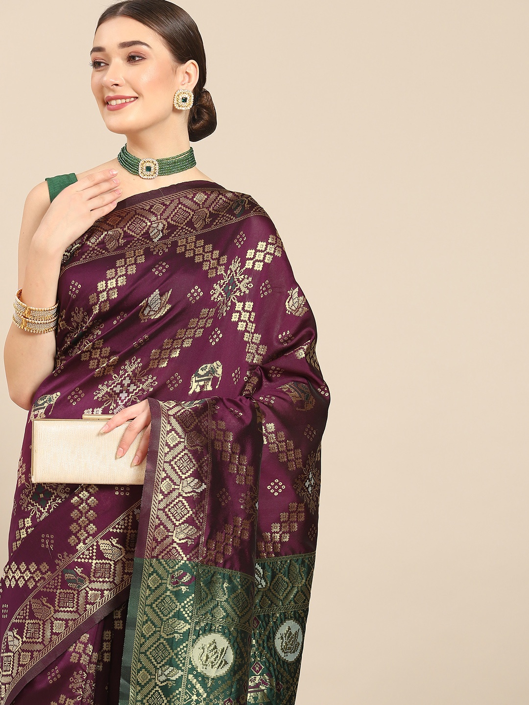 

Nimayaa Purple & Green Woven Design Silk Blend Kanjeevaram Saree