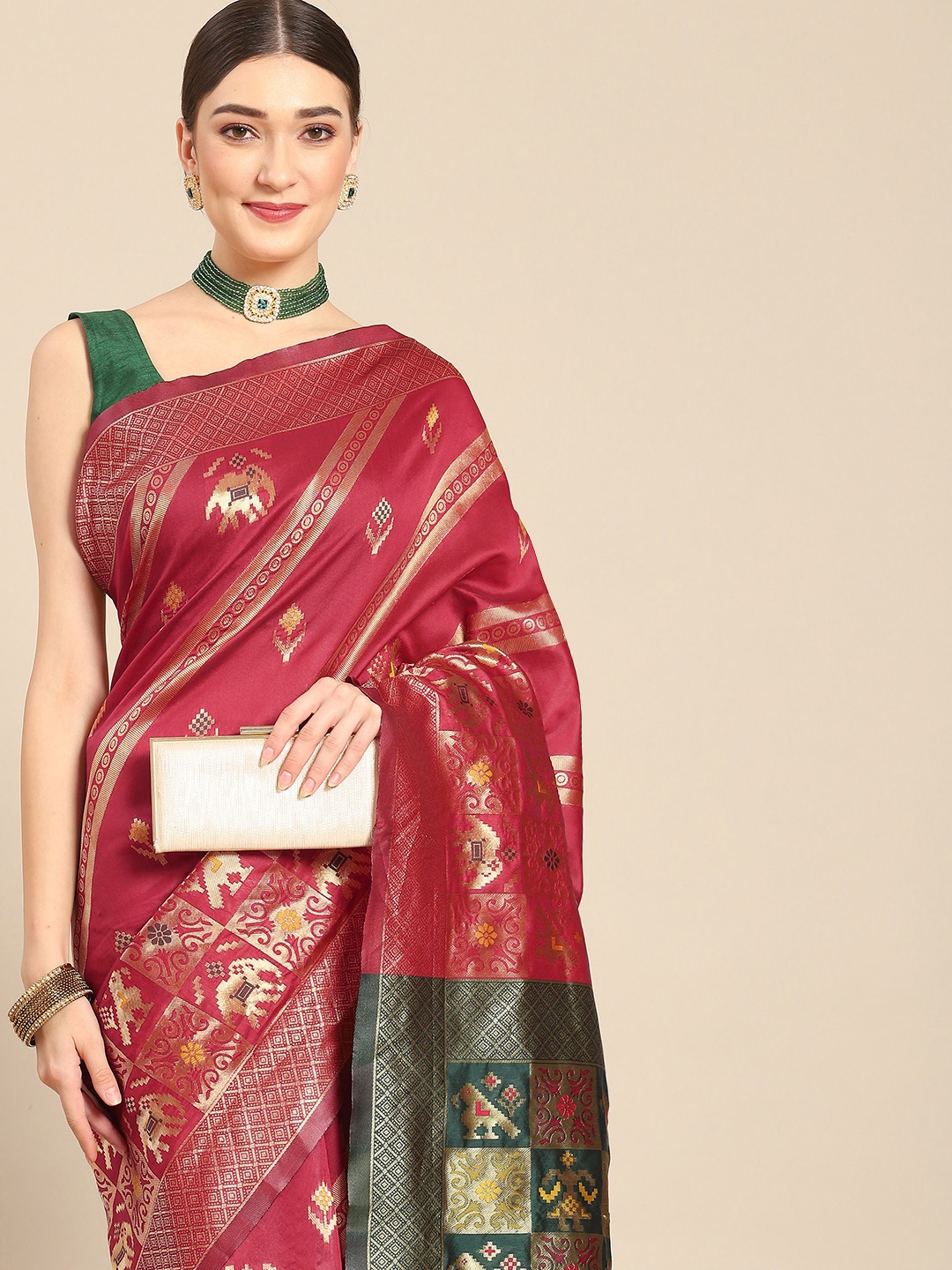 

Nimayaa Red & Green Woven Design Silk Blend Kanjeevaram Saree