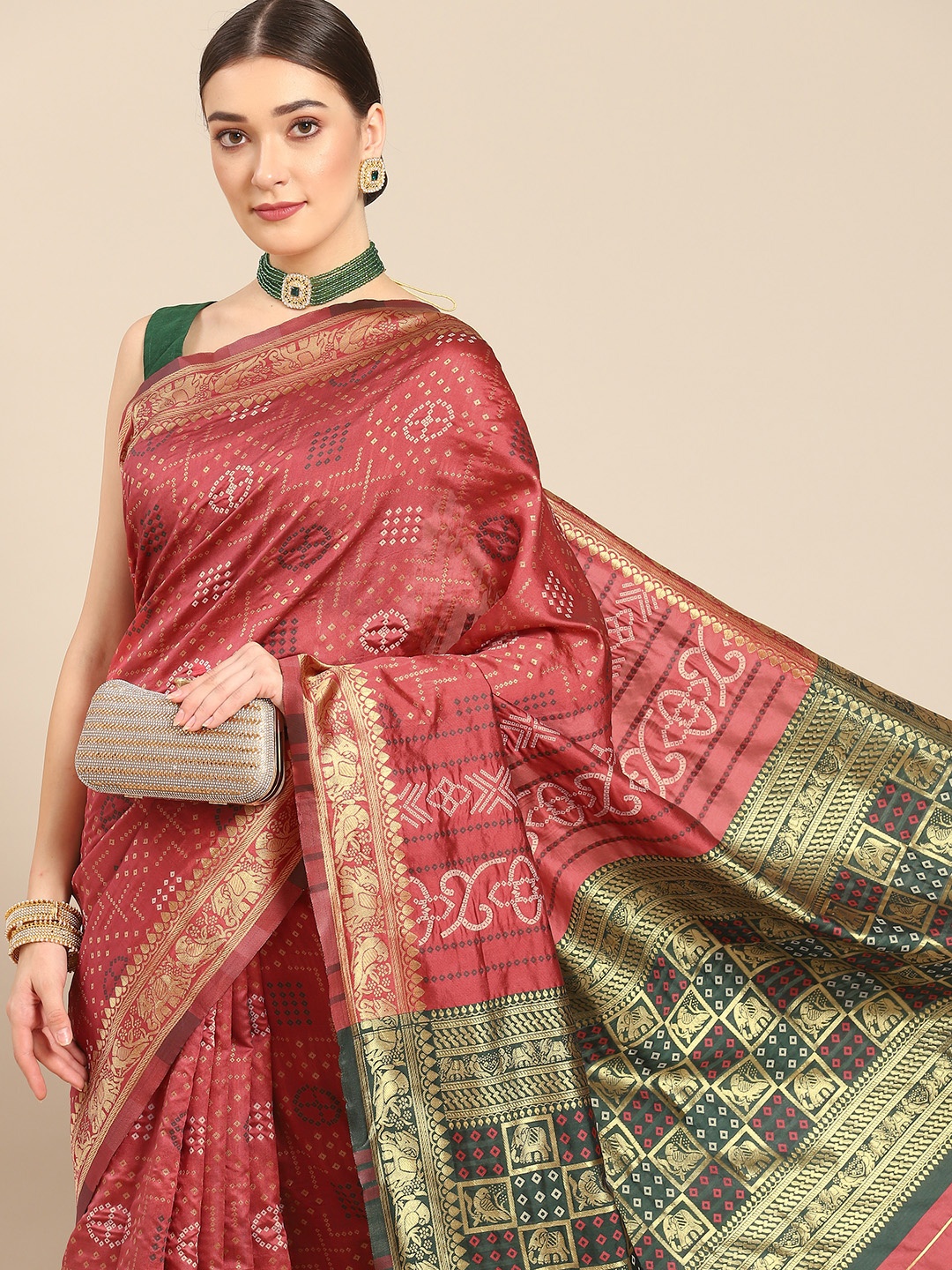 

Nimayaa Maroon & Green Woven Design Silk Blend Kanjeevaram Saree