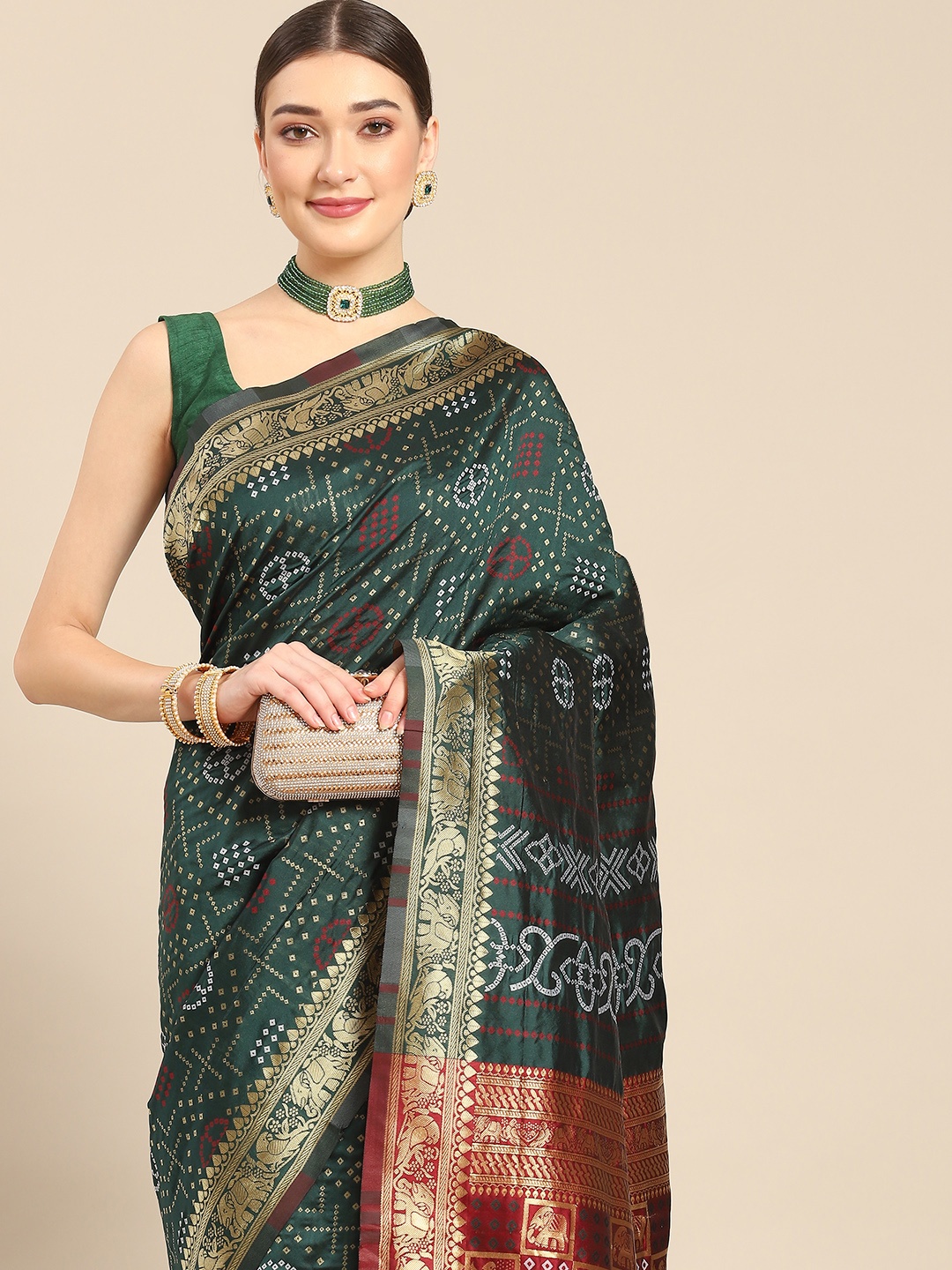 

Nimayaa Green & Maroon Woven Design Silk Blend Kanjeevaram Saree