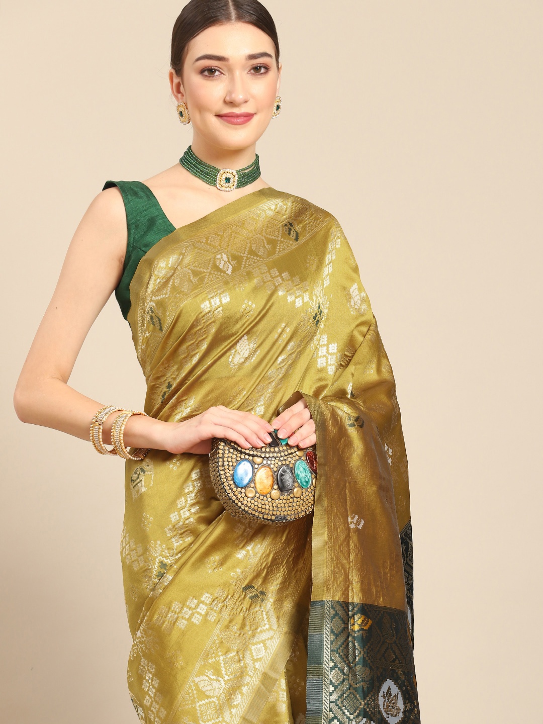 

Nimayaa Yellow & Green Woven Design Silk Blend Kanjeevaram Saree