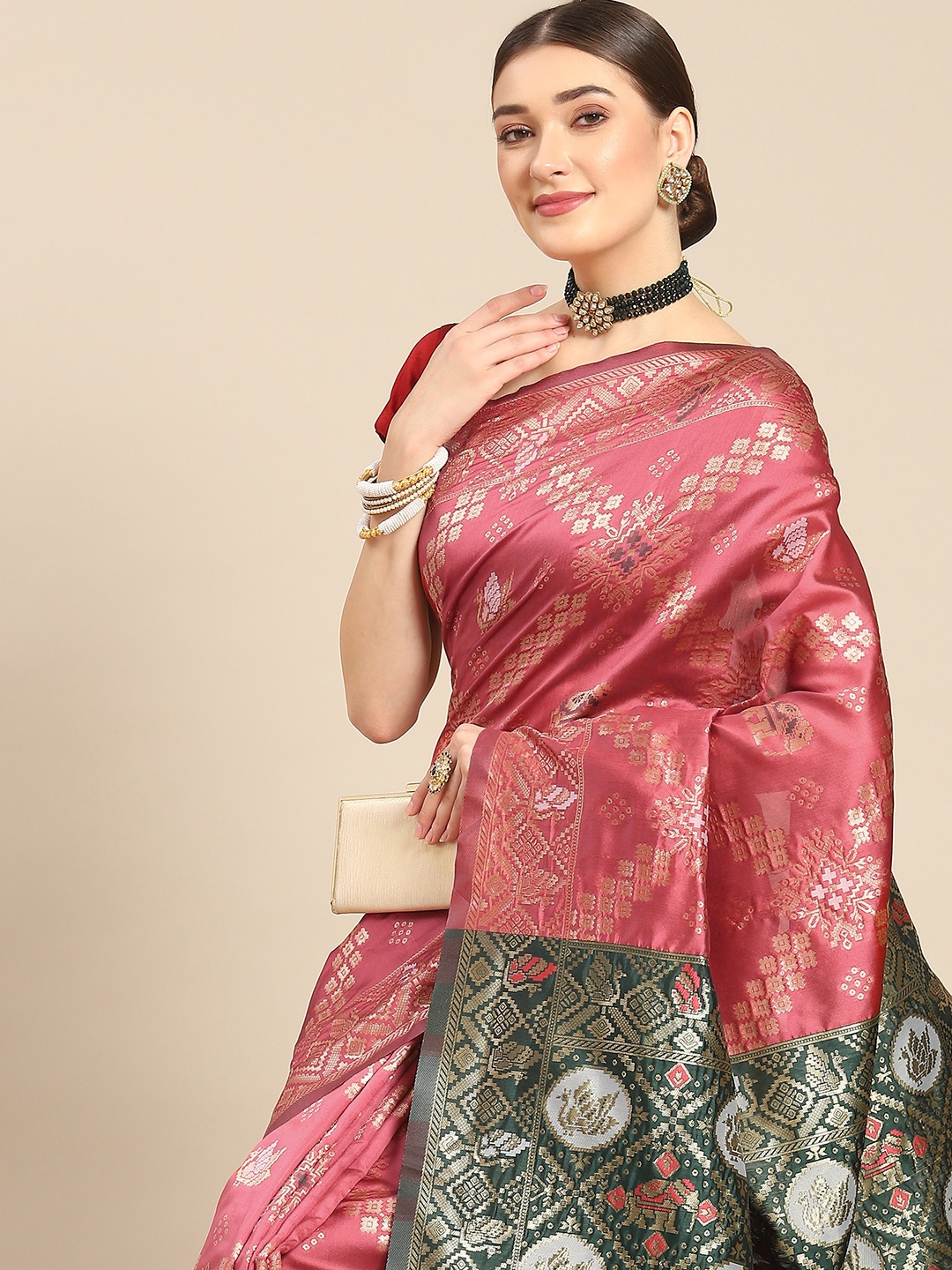

Nimayaa Red & Green Woven Design Silk Blend Kanjeevaram Saree