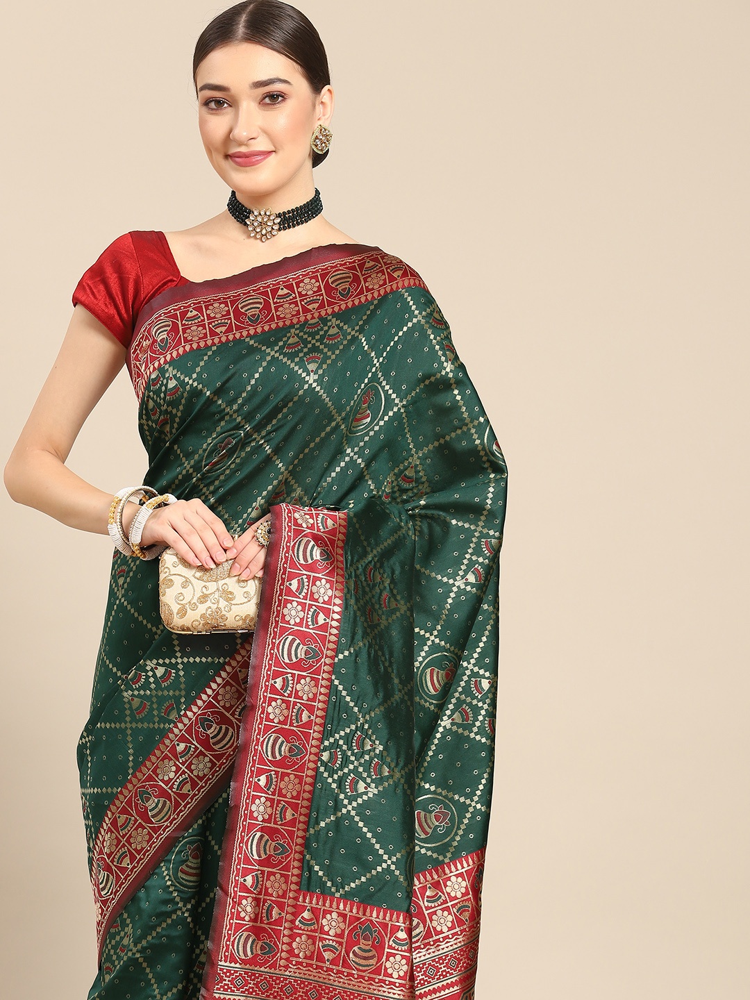 

Nimayaa Green & Red Woven Design Silk Blend Kanjeevaram Saree