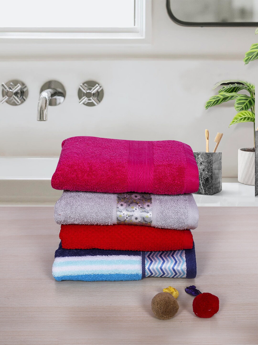 

RANGOLI Pack Of 4 Pure Cotton Hand Towel Set, Pink