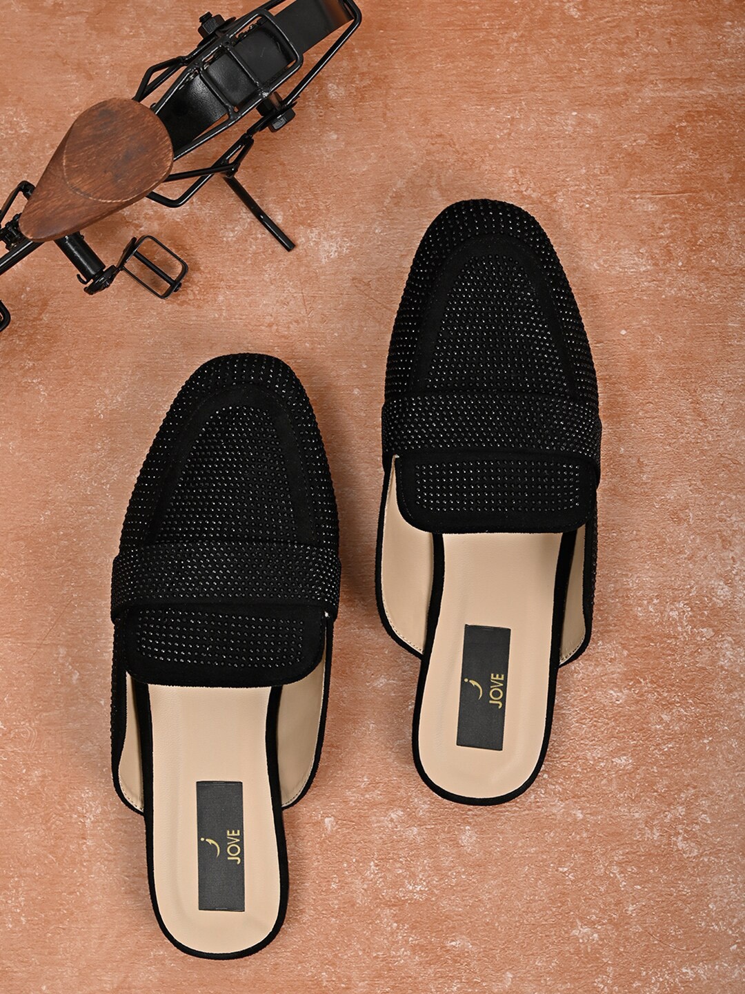 

Jove Women Black Embellished Mules Flats