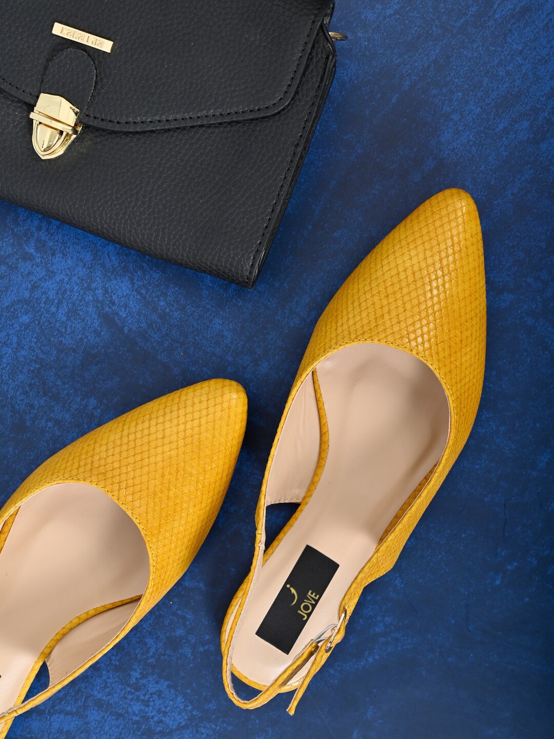 

Jove Women Mustard Textured Mules with Buckles Flats