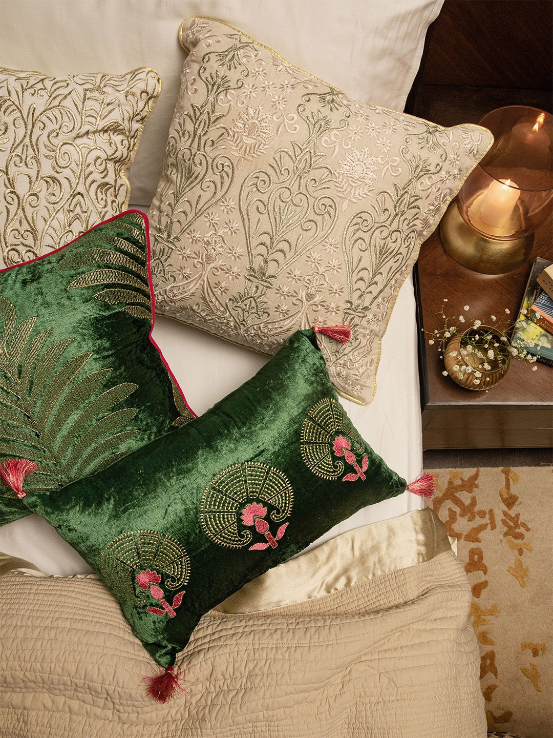

Amoliconcepts Green & Pink Embroidered Velvet Rectangle Cushion Covers