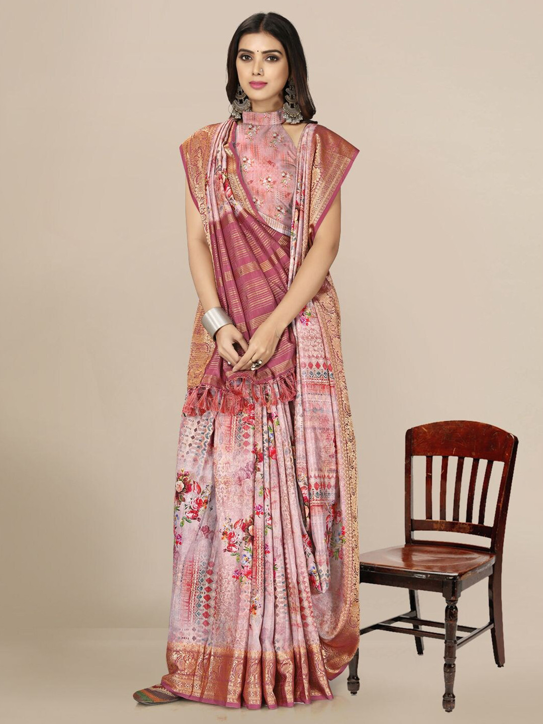 

Mitera Pink & Gold-Toned Floral Zari Silk Blend Banarasi Saree