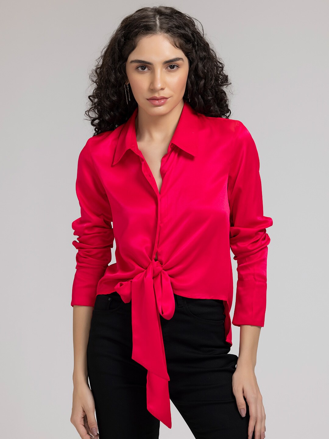 

SHAYE Women Pink Contemporary Casual High Low Tie Up Shirt