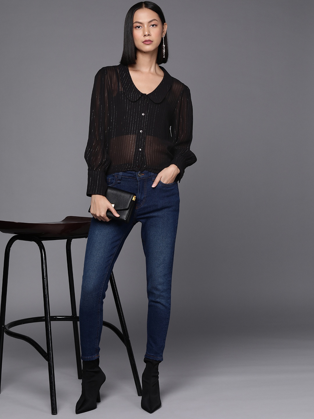 

SHAYE Women Black Contemporary Semi Sheer Striped Party Shirt
