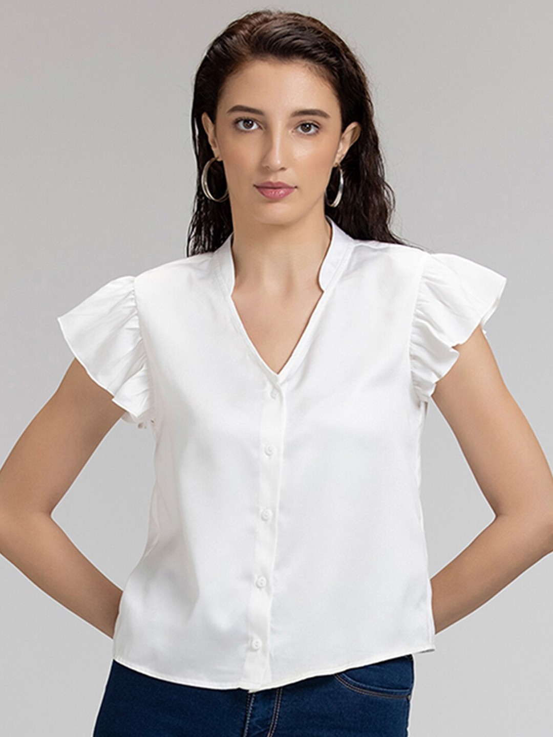 

SHAYE Women White Solid Band Collar Comfort Casual Shirt