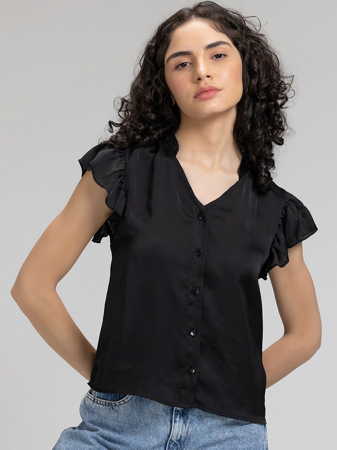 

SHAYE Women Black Solid Band Collar Comfort Casual Shirt