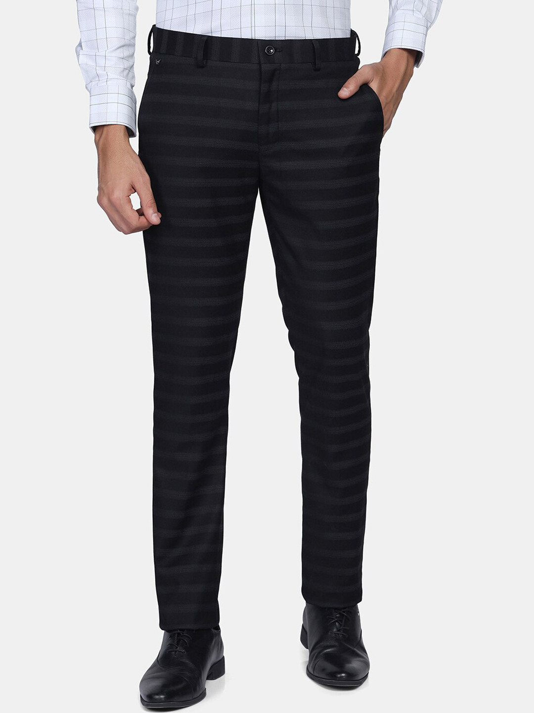 

Blackberrys Men Black Textured Striped Skinny Fit Trousers