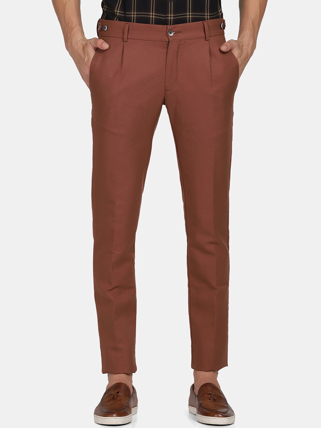 

Blackberrys Men Rust Solid Cotton Slim Fit Trousers