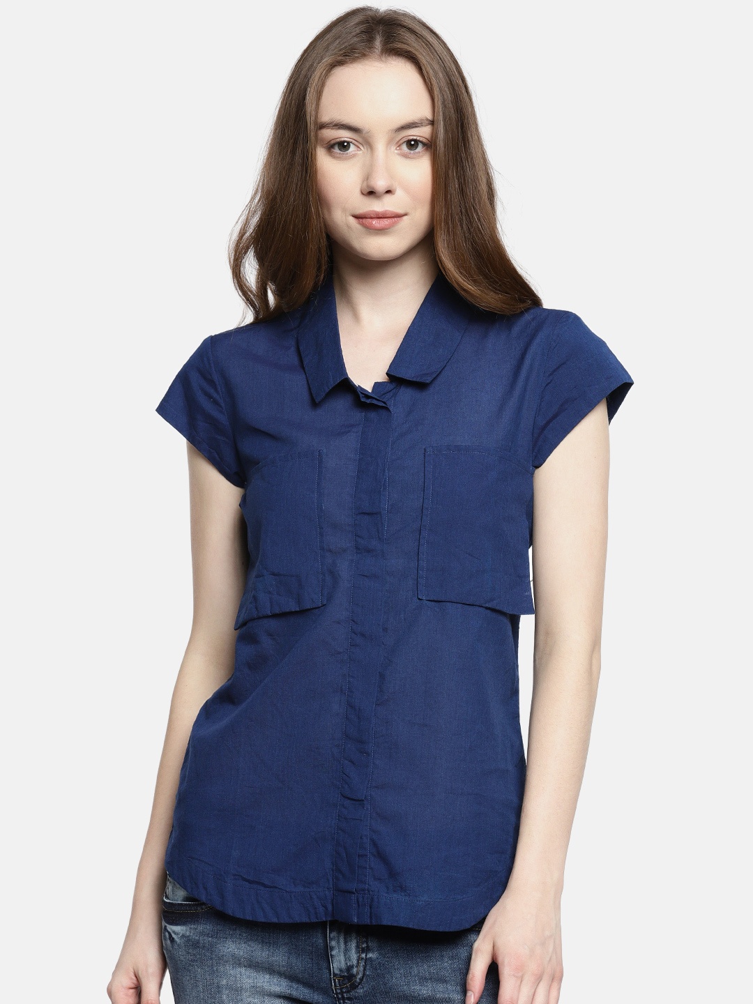 

Wills Lifestyle Women Navy Solid Casual Shirt, Navy blue