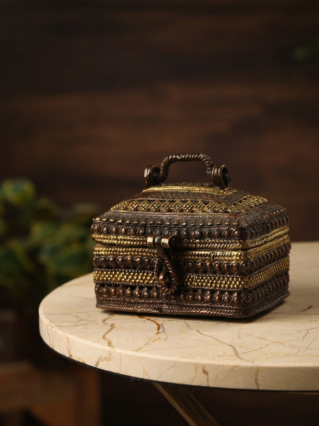 

Amoliconcepts Copper-Coloured Textured Dhokra Box Showpiece