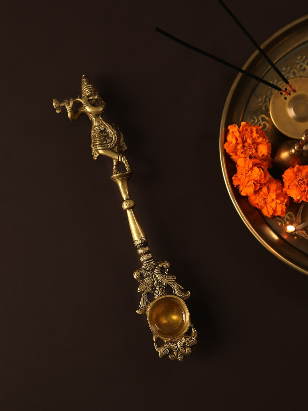 

Amoliconcepts Krishna Idol Carved Brass Havan Spoon, Gold