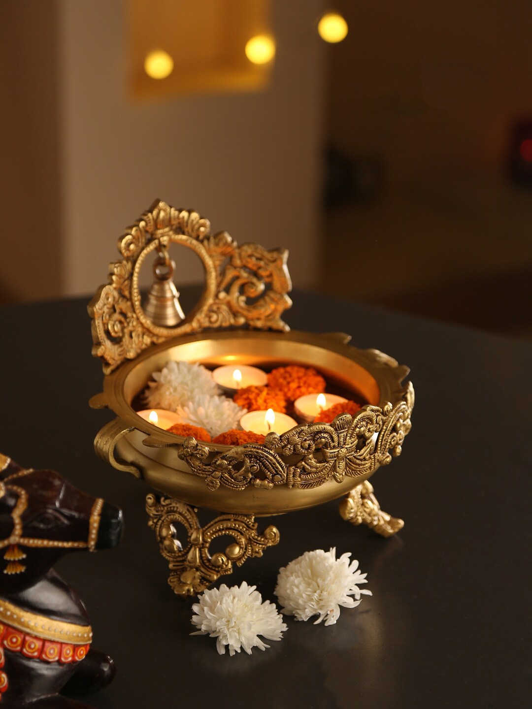 

Amoliconcepts Brass Lamp Diya With Bell Pooja Essentials, Gold