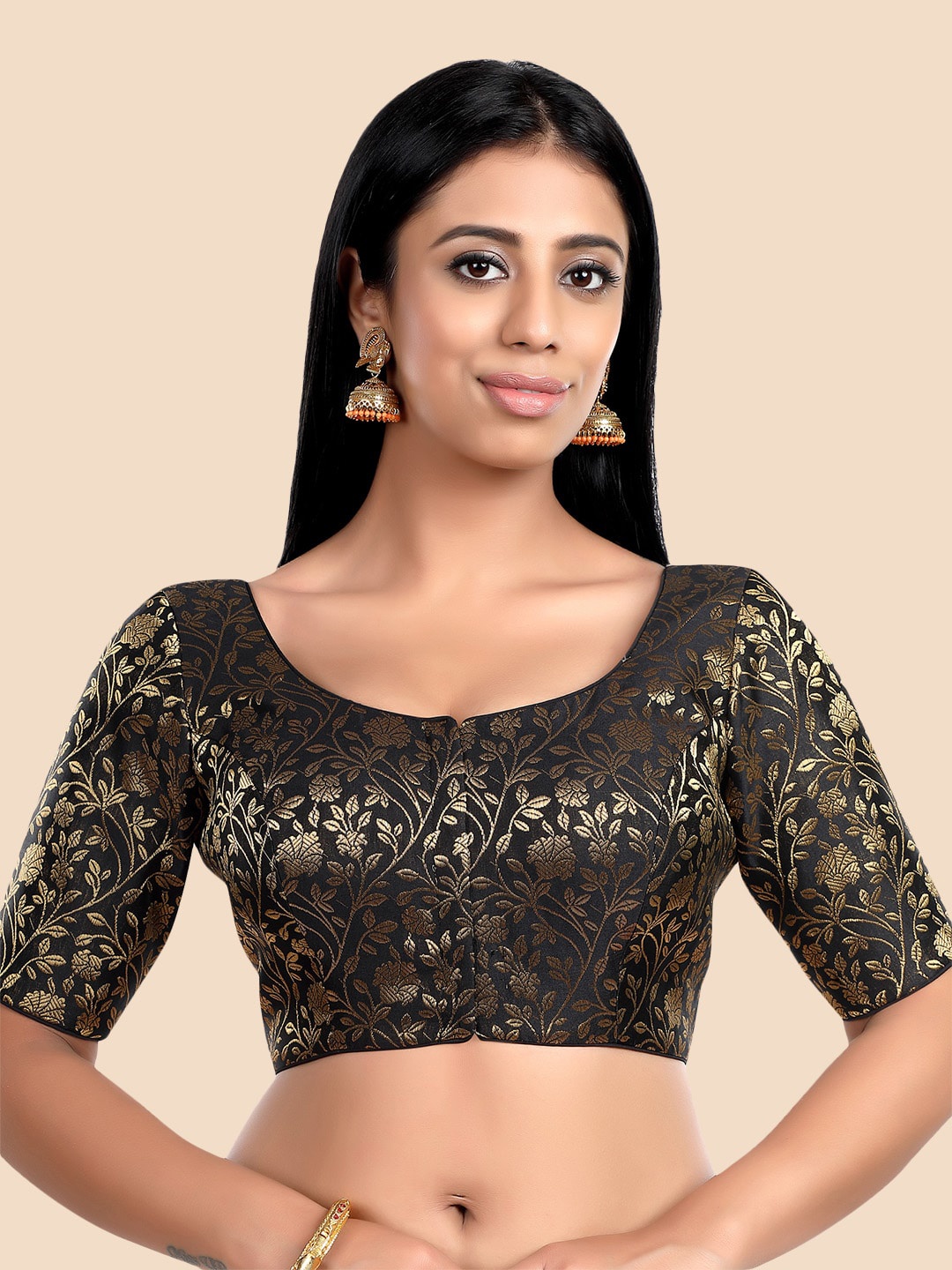 

neckbook Black & Gold Toned Woven-Design Brocade Saree Blouse