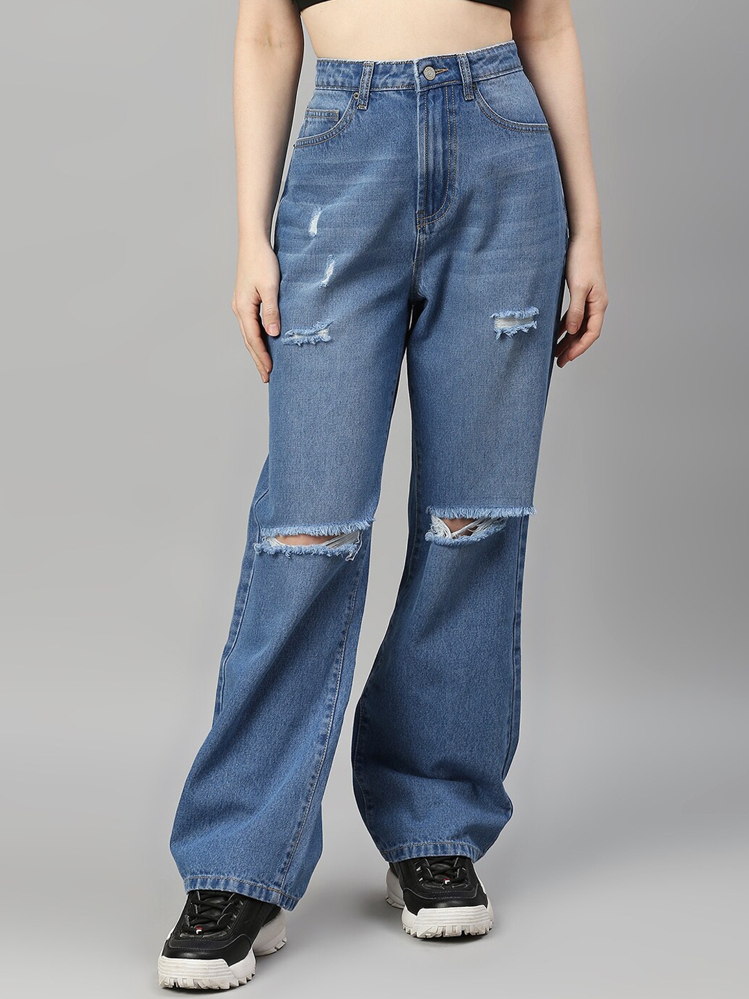 

TARAMA Women Blue Straight Fit High-Rise Highly Distressed Light Fade Cotton Jeans