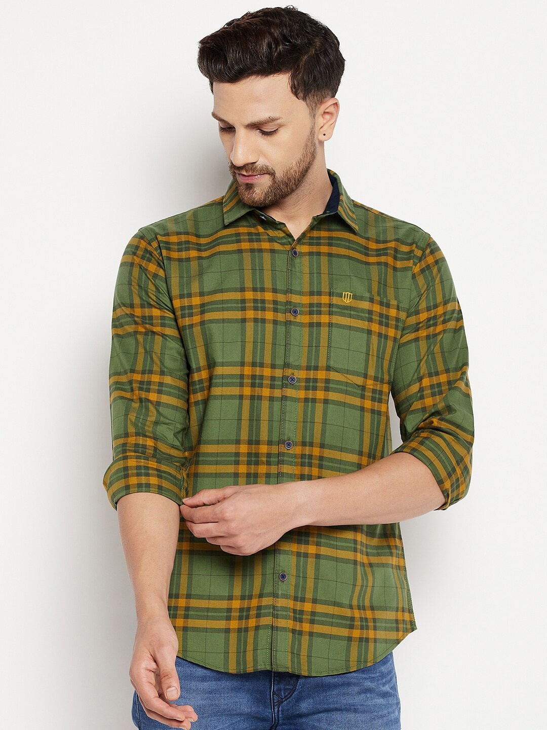 

Duke Men Green Slim Fit Tartan Checks Checked Casual Shirt