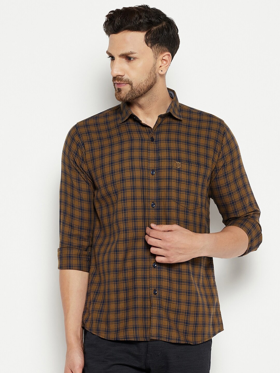 

Duke Men Brown Slim Fit Checked Cotton Casual Shirt