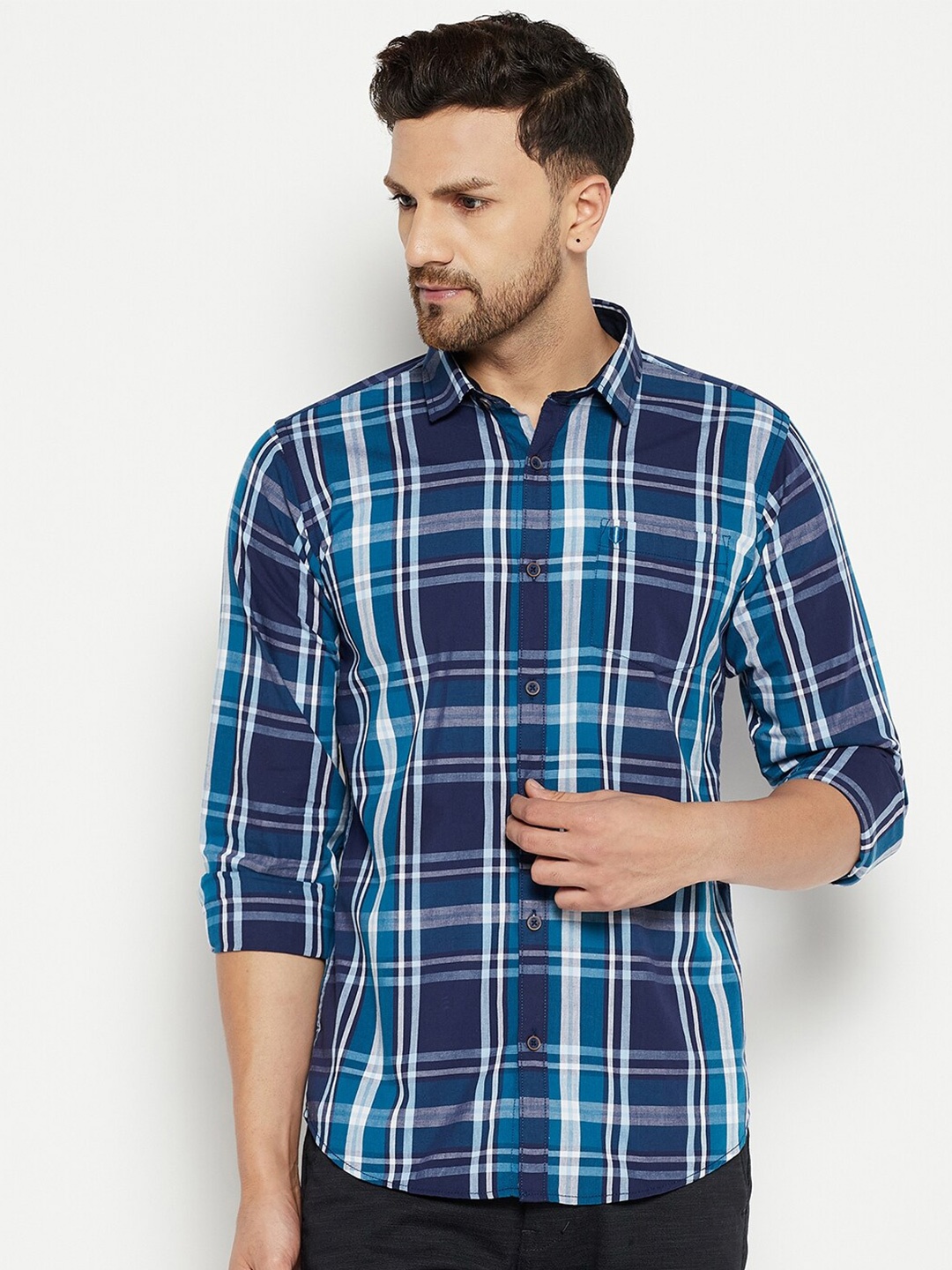 

Duke Men Blue Tartan Checks Checked Slim Fit Casual Shirt