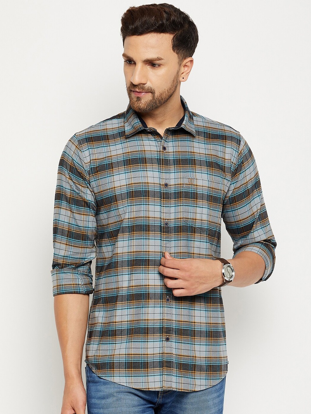 

Duke Men Grey Slim Fit Tartan Checked Casual Shirt