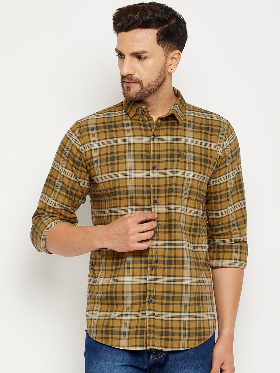 

Duke Men Yellow Slim Fit Tartan Checked Cotton Casual Shirt