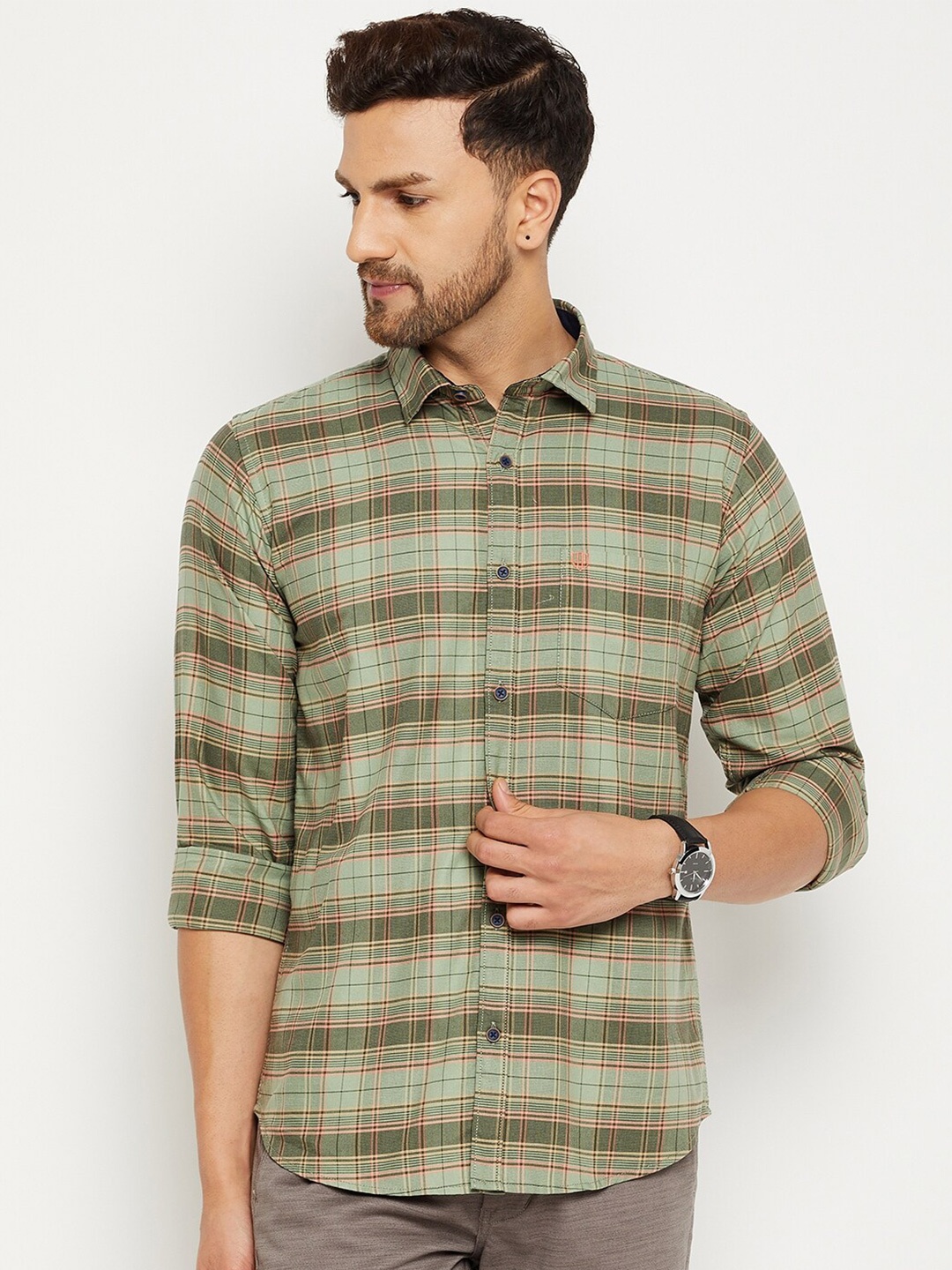 

Duke Men Green Slim Fit Checked Cotton Casual Shirt