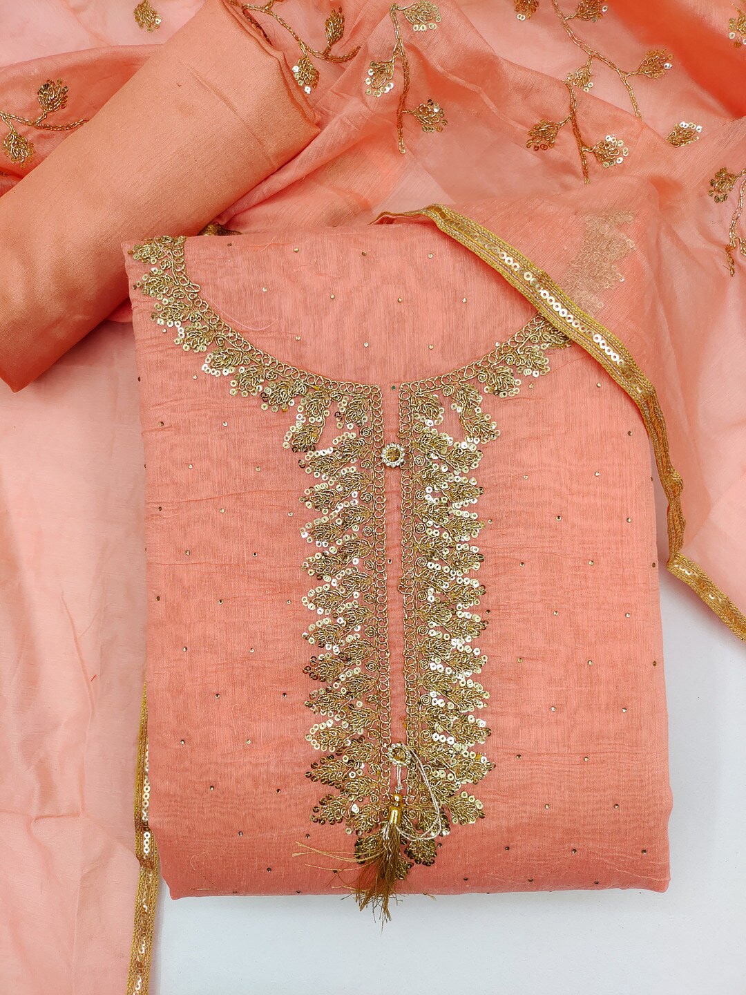 

mf Peach-Coloured & Gold-Toned Embellished Unstitched Dress Material