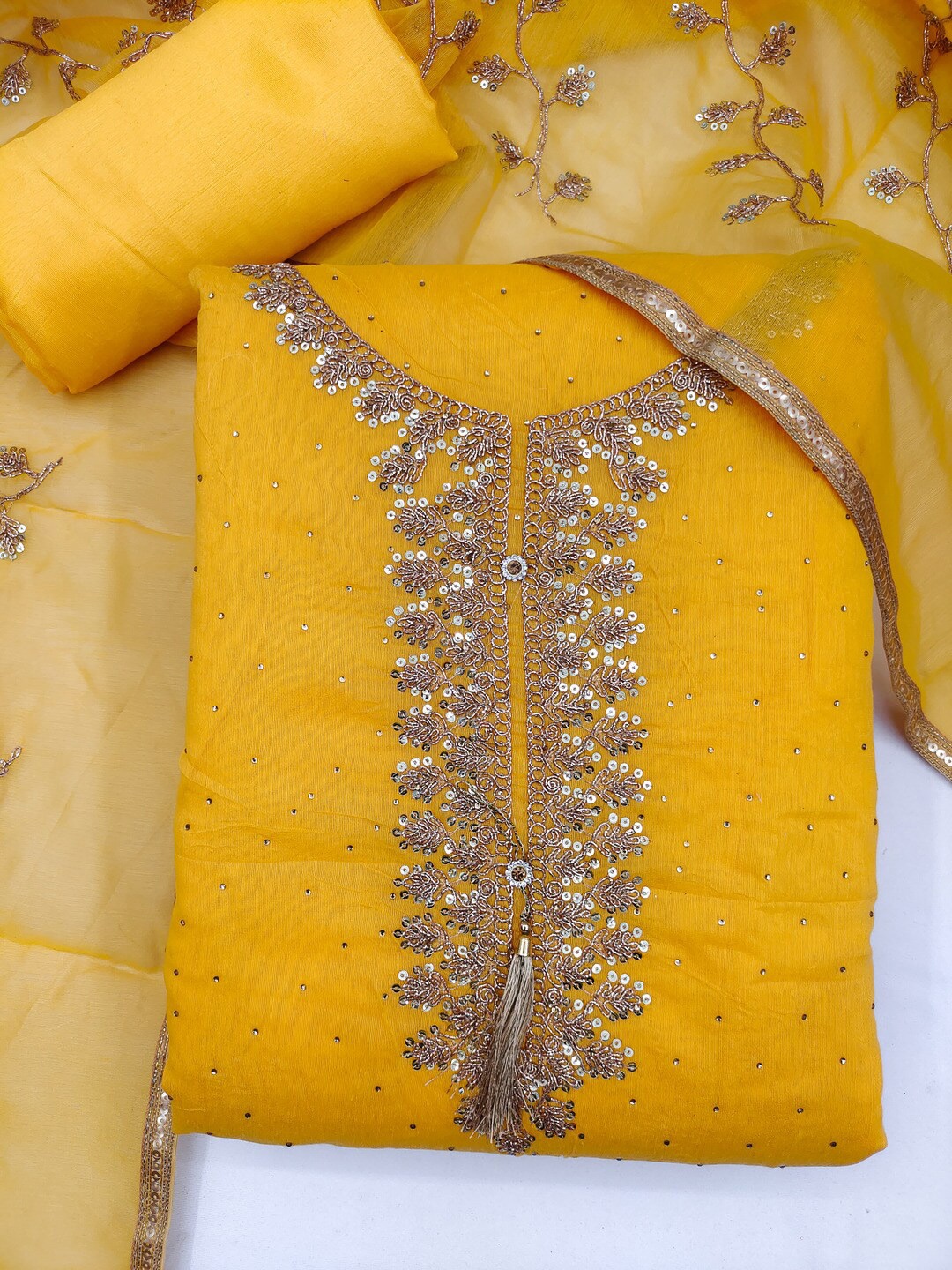 

mf Yellow & Gold-Toned Embellished Unstitched Dress Material