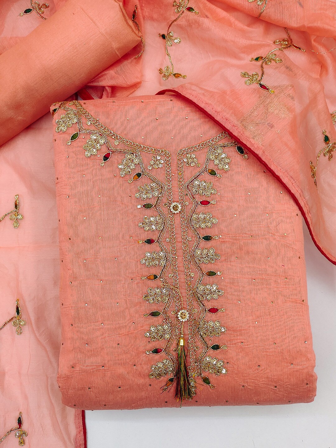 

mf Women Orange & Gold-Toned Embellished Unstitched Dress Material