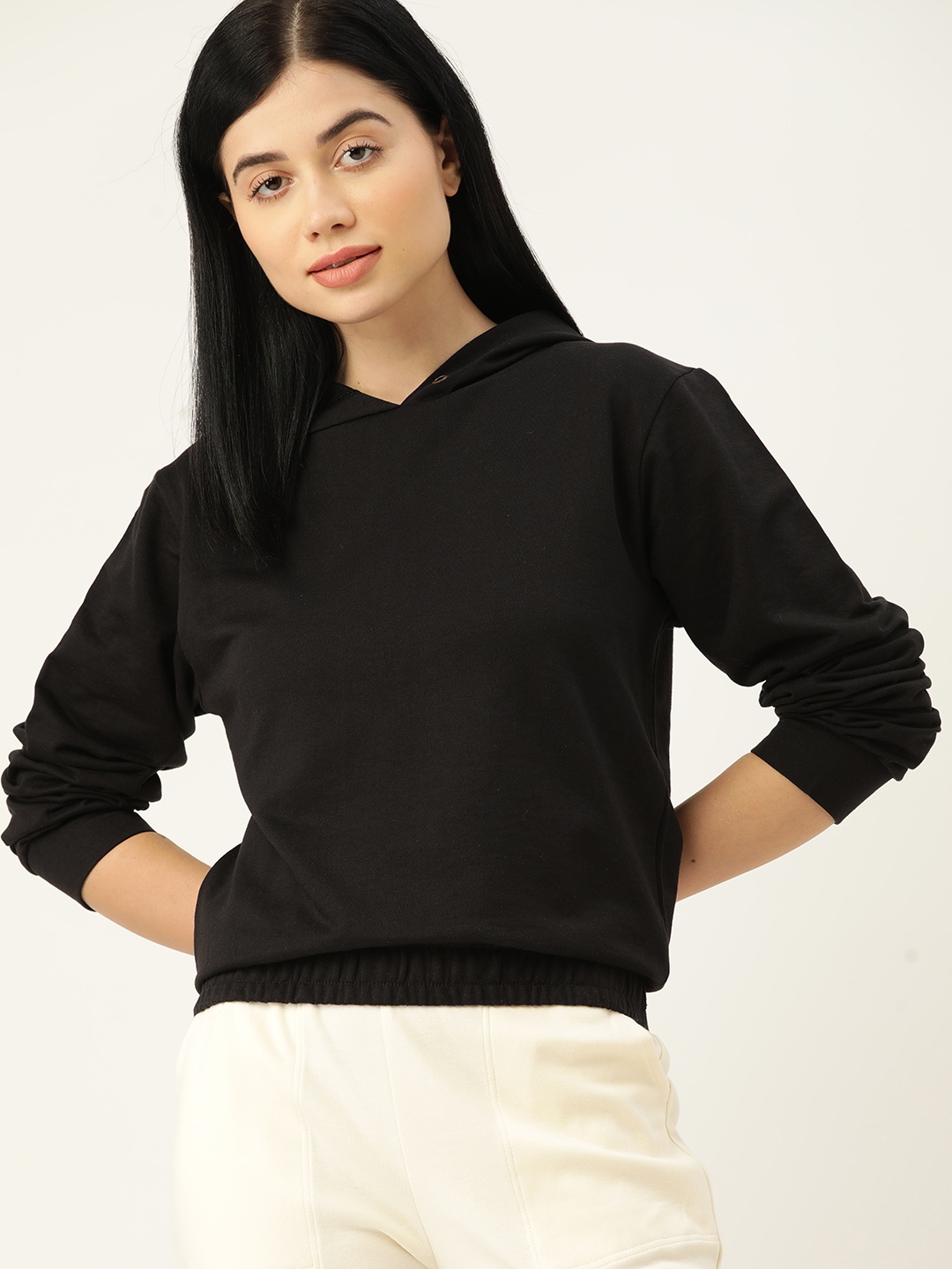 

ETC Women Black Solid Hooded Sweatshirt