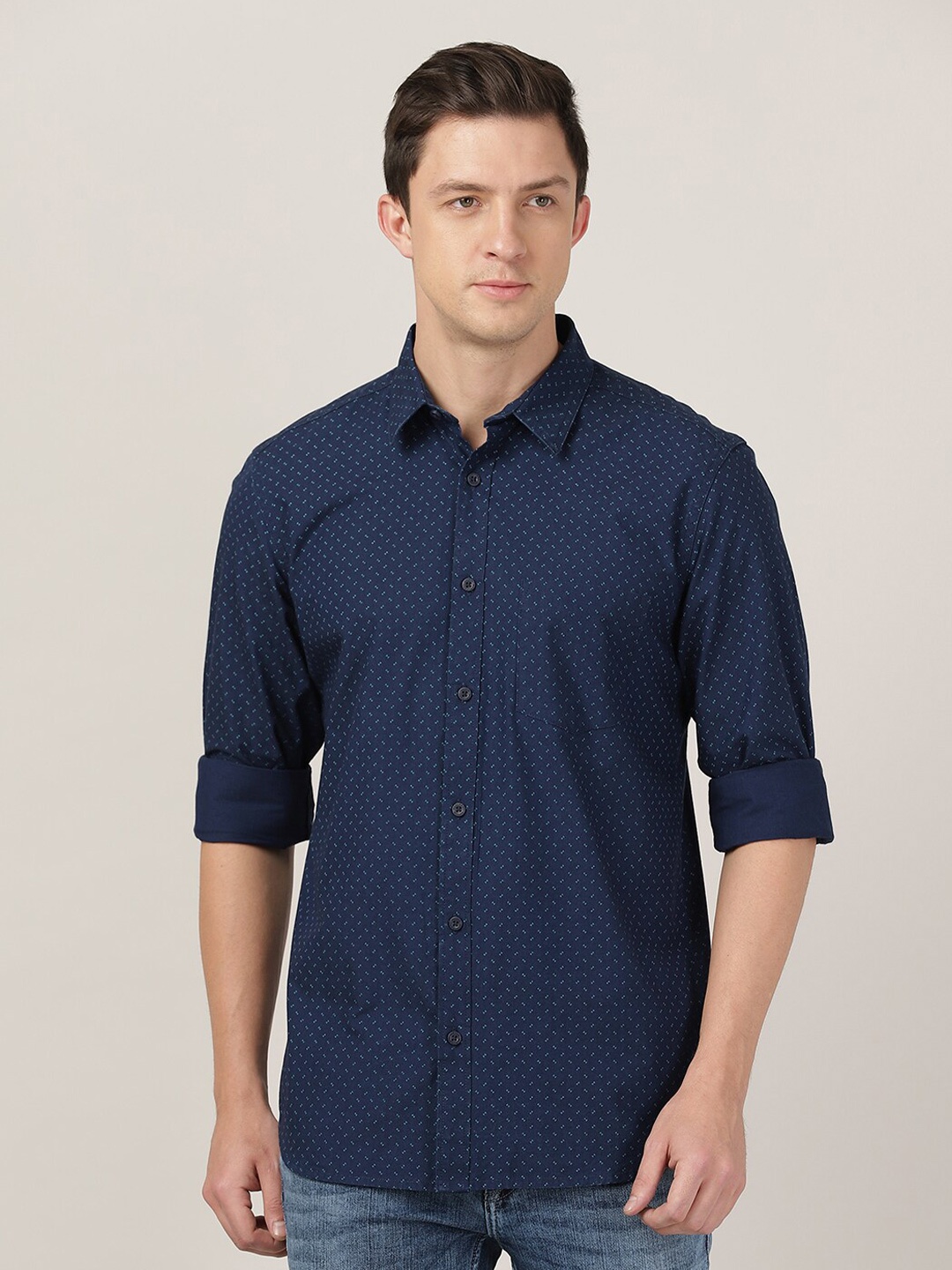 

MERCHANT MARINE Men Navy Blue Slim Fit Printed Pure Cotton Casual Shirt