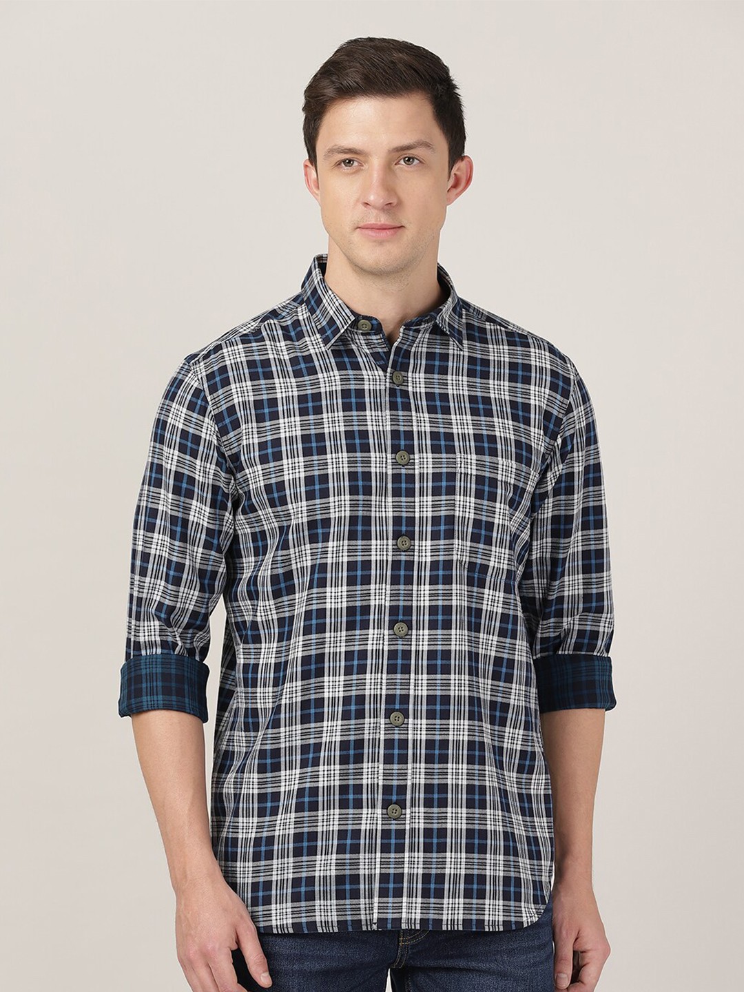 

MERCHANT MARINE Men Blue & White Slim Fit Tartan Checked Pure Cotton Casual Shirt