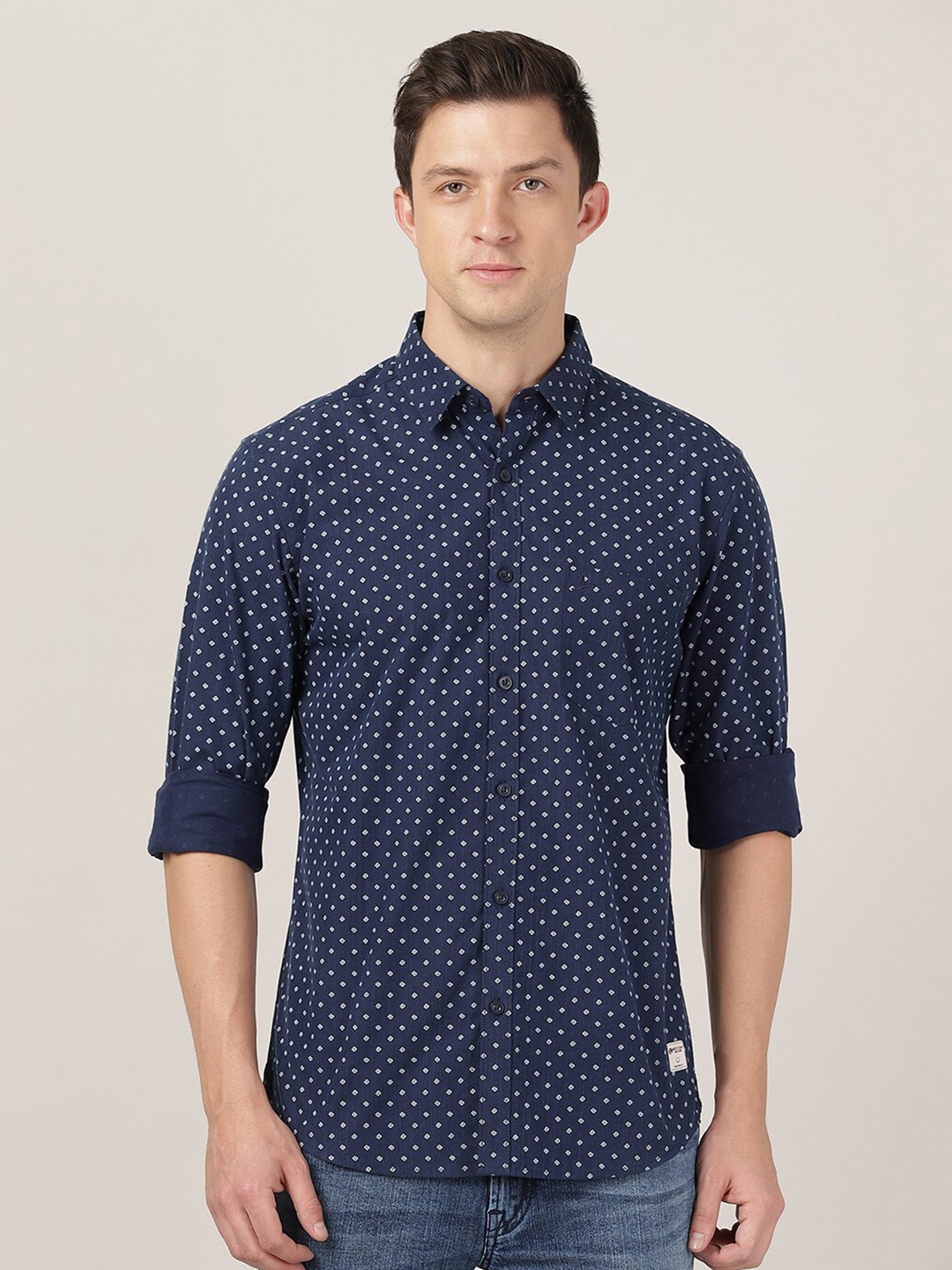 

MERCHANT MARINE Men Navy Blue Cotton Classic Slim Fit Printed Casual Shirt