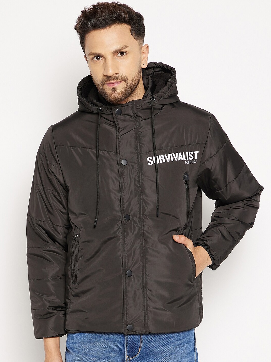 

Duke Men Black Hooded Padded Jacket