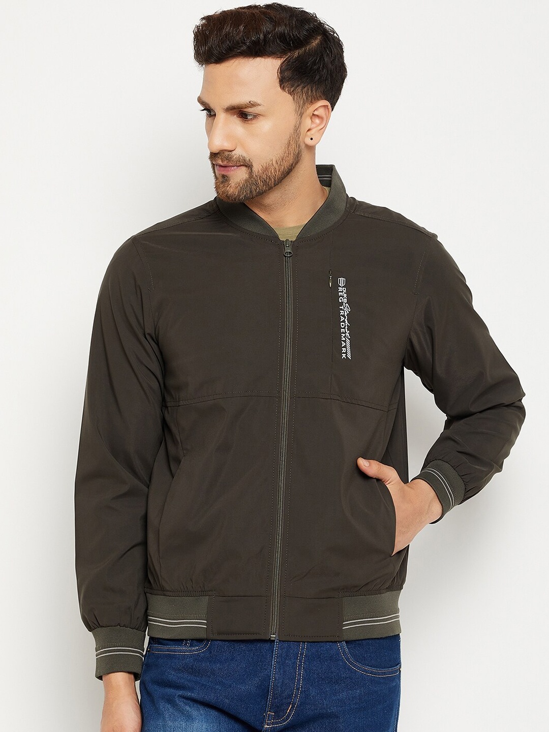 

Duke Men Olive Green Solid Bomber Jacket